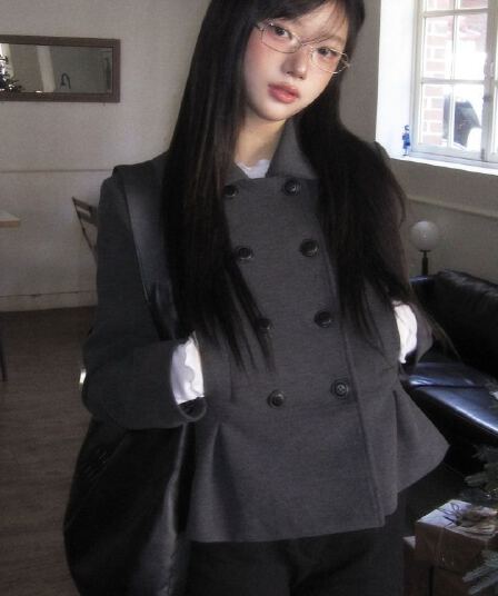 있음 선적 한국 ins 달콤함 소녀 이중 버튼 긍정적 인 어깨 허리 수축 긴팔 재킷