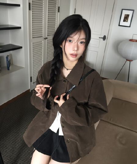 있음 선적 한국 ins 분위기 센스 작은 키 스웨이드 원단 폴로 칼라 긴팔 재킷