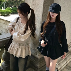 批发已出货   韩国chic 甜美<b class='q'>可爱</b>抽绳收腰百搭长袖<b class='q'>连衣裙</b>