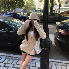 批发韩国ins   麻花纹理感拉链连帽<b class='q'>开衫</b>外套
