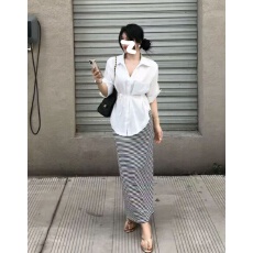批发大码胖mm早<b class='q'>秋</b>新款宽松百搭简约老钱风衬衫女＋条纹直筒长款半身裙