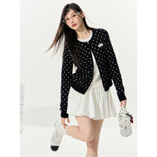 批发实价官图黑色波点<b class='q'>假两件</b>针织开衫上衣女秋冬<b class='q'>针织衫</b>慵懒风毛衣外套