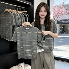 批发复古费尔岛提花针织<b class='q'>开衫</b><b class='q'>女</b>夏季灰色圆领短袖天丝透气显瘦T恤上衣