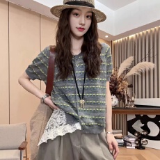 批发复古费尔岛提花针织<b class='q'>开衫</b><b class='q'>女</b>夏季灰色圆领短袖天丝透气显瘦T恤上衣