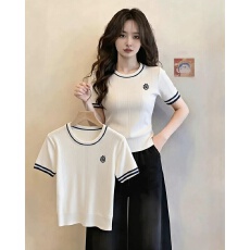 批发实价 韩系穿搭撞色刺绣针织短袖女装夏季高级感气质独特漂亮上衣