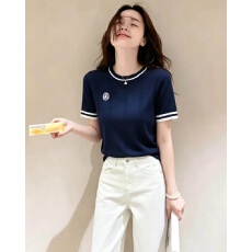 批发实价 韩系穿搭撞色刺绣针织短袖女装夏季高级感气质独特漂亮上衣