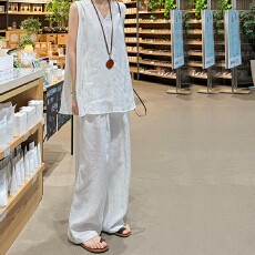 批发非实拍女<b class='q'>夏</b>季新款休闲老钱风高级感棉麻无袖衬衫上衣阔腿裤套装