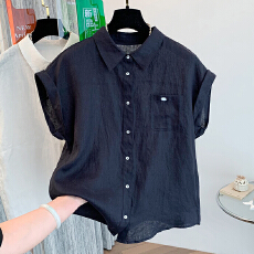 批发实拍感独特漂亮纯亚麻卷边短袖翻领<b class='q'>衬衫</b>女夏季薄款气质小衫上衣