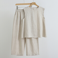 批发实拍无袖套装棉麻2025<b class='q'>夏</b>新款上衣女T恤宽松九分阔腿茧型裤
