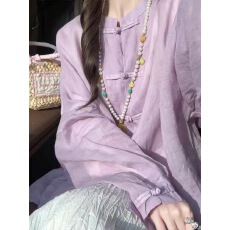 批发新中式紫色亚麻<b class='q'>衬衫</b>女2025秋季新款薄款防晒国风盘扣高端<b class='q'>棉麻</b>上衣