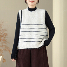 批发绒感时尚复古百搭针织毛衣圆领无袖马甲女条纹秋冬新款简约上衣服