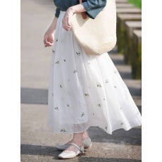 批发非实拍白色<b class='q'>棉麻</b>刺绣碎花<b class='q'>半身裙</b>子女新款夏文艺复古百搭刺绣a字裙