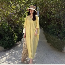 批发非实拍仲夏裙全棉麻<b class='q'>长裙</b>v领气质连衣裙子女夏款欧若风穿搭26新款