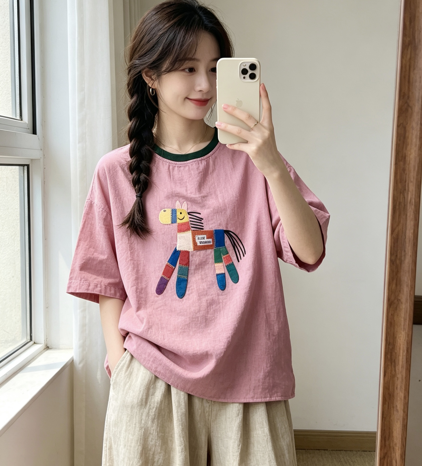 한국 문예 레트로 이중층 실 프린트 반팔 티셔츠 여성 여름 얇은 스타일 루즈핏 빅 사이즈 캐주얼 다용도 짧은 켜기