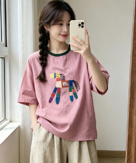 한국 문예 레트로 이중층 실 프린트 반팔 티셔츠 여성 여름 얇은 스타일 루즈핏 빅 사이즈 캐주얼 다용도 짧은 켜기