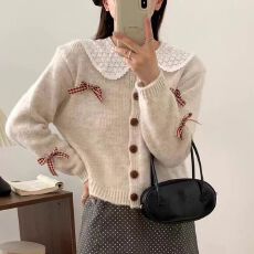 批发蕾丝花边娃娃领针织开衫女2025<b class='q'>韩国</b>新款秋冬蝴蝶结慵懒风毛衣外套