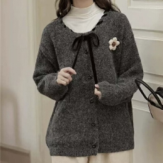 批发<b class='q'>韩国</b>系带蝴蝶结毛衣开衫外套女春秋2025宽松法式甜美温柔风上衣