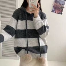 批发韩国条纹连帽套头毛衣卫衣女春秋新款韩系宽松慵懒风针织上衣