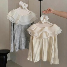 批发荷叶边一字肩细闪露肩长袖<b class='q'>针织衫</b>女2025早秋季大码胖mm<b class='q'>中长款</b>上衣