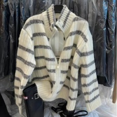 批发百搭宽松显瘦立领条纹针织开衫<b class='q'>毛衣</b>外套
