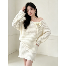 批发秋冬新款气质<b class='q'>甜美</b>小香风立体花朵短裙针织套装女毛衣两件套