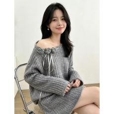 批发秋冬新款气质<b class='q'>甜美</b>小香风立体花朵短裙针织套装女毛衣两件套