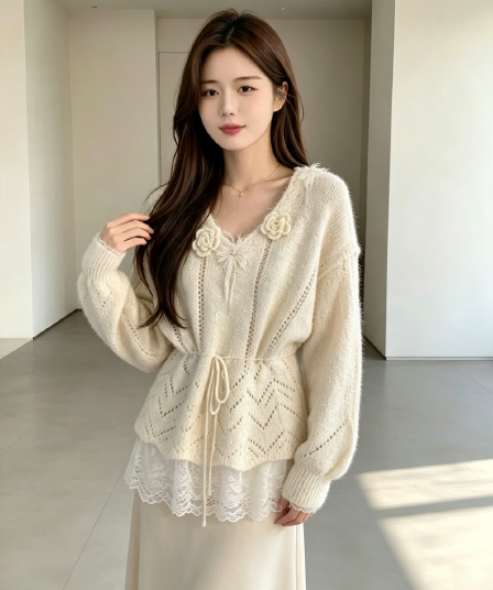 가을 겨울 새로운 부드러운 바람 레이스 조각 스웨터 풀오버 니트 스웨터 달콤함 다용도