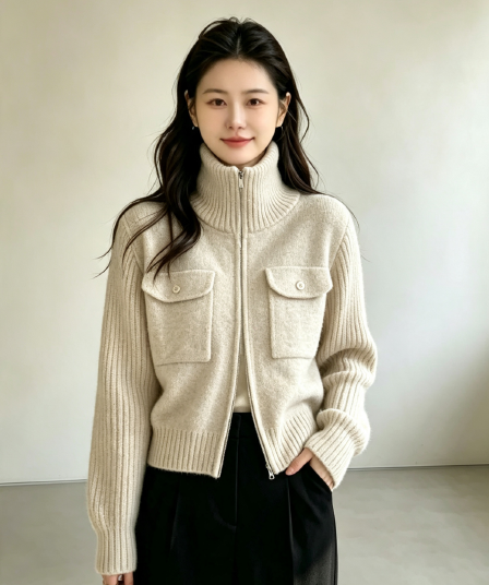 디자인 센스 양모 스탠드 칼라 지퍼 두꺼운 니트 스웨터 여자 가을 겨울 새로운 2026 맨위