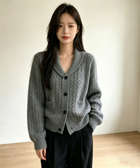 가을 겨울 새로운 캐주얼 품격 싱글 줄 버튼 폴로 칼라 니트 오픈 가디건 꽈배기 주머니 스웨터 여성 코트