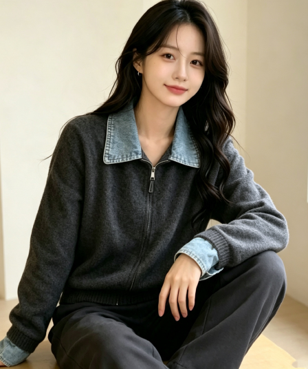 한 부서 레트로 데님 패치워크 더블 지퍼 니트 오픈 가디건 여성 가을 겨울철 루즈핏 느긋한 페이크 레이어드 스웨터 코트
