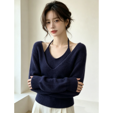 批发秋冬新款小香风时尚挂脖针织两件套毛衣女