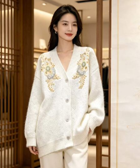 무거운 작업 자수 비즈 박기 두꺼운 패션 빅 사이즈 스웨터 오픈 가디건 루즈핏 느긋한 바람 대기 스웨터 여성 코트