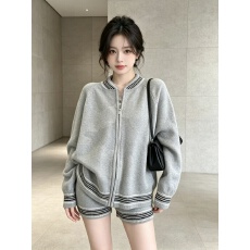 批发撞色圆领拉链毛衣外套女秋季新款韩系休闲针织弹力<b class='q'>短裤</b>套装