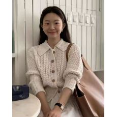 批发韩国东大门华夫格毛衣<b class='q'>外套女</b>春秋慵懒风翻领针织开衫别致<b class='q'>短</b>款上衣