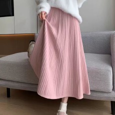 批发粉色针织半身裙女秋冬加厚高腰a字<b class='q'>甜美</b>减龄百褶中长裙小个子伞裙
