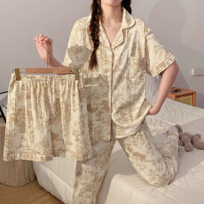 夏季新款女士家居服开衫翻领水墨画双短加长裤三件套仿棉休闲睡衣