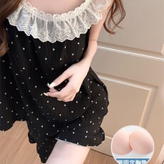 家居服夏季女款花边圆领吊带短裤套装带固定胸垫款简约甜美少女风