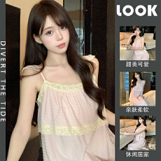 批发易梦玲同款，带胸垫吊带长裙甜美蕾丝荷叶边睡裙法式宫廷睡衣