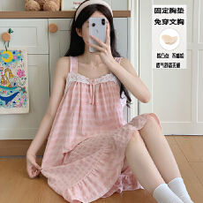 批发夏季新款女士吊带花边领短裤甜美清新套装睡衣彩棉格带固定胸垫款