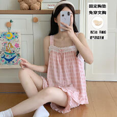 批发夏季新款女吊带花边领短裤甜美小清新睡衣彩棉格带固定胸垫可外穿