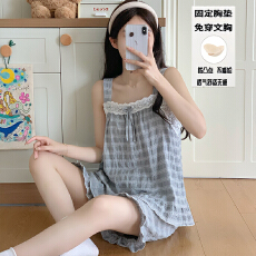 批发夏季新款女吊带花边领短裤甜美小清新睡衣彩棉格带固定胸垫可外穿