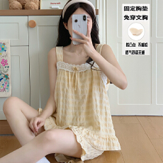 批发夏季新款女吊带花边领短裤甜美小清新睡衣彩棉格带固定胸垫可外穿