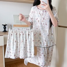批发夏季新款双短加长<b class='q'>裤</b>三件套睡衣简约圆领卡通印花云朵棉舒适透气