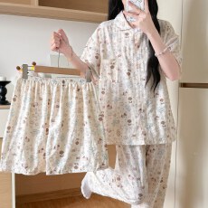批发夏季新款双短加长<b class='q'>裤</b>三件套开衫翻领可爱卡通印花云朵棉舒适透气