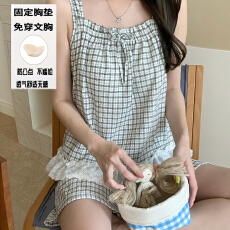 批发夏季新款田园少女吊带方领短<b class='q'>裤</b>套装睡衣云朵棉带<b class='q'>一体</b>胸垫款家居服