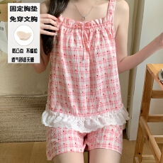 批发夏季新款田园少女吊带方领短<b class='q'>裤</b>套装睡衣云朵棉带<b class='q'>一体</b>胸垫款家居服