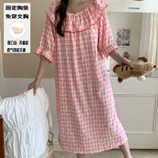 批发夏季新款田园少女短袖荷叶领小清新睡裙云朵棉带一体胸垫款家居<b class='q'>服</b>