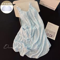 批发夏季家居服女士甜美性感风纯色立体花朵吊带<b class='q'>睡裙</b>带固定胸垫云朵棉