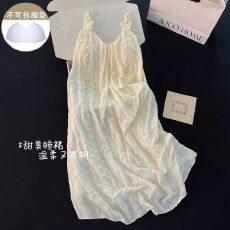 批发夏季家居服女士甜美性感风纯色立体花朵吊带<b class='q'>睡裙</b>带固定胸垫云朵棉