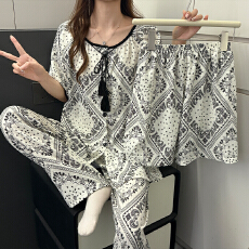 批发夏季新款<b class='q'>女士</b>款开衫三件套睡衣云朵棉简约波西米亚度假风家居服